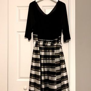 Black, white and gold formal cocktail dress